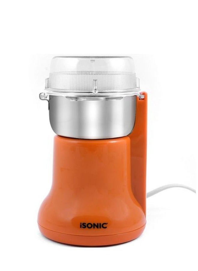 آي سونيك مطحنة قهوة 300 واط بكوب وشفرات من الفولاذ المقاوم للصدأ مع حماية من الحرارة الزائدة لطحن حبوب القهوة والتوابل والمكسرات، IG787، برتقالي - Image 1